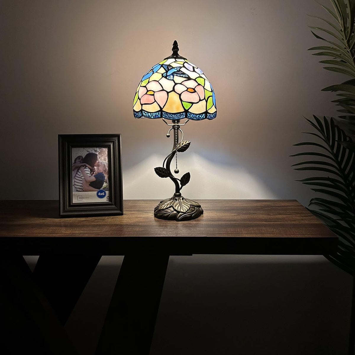 Tiffany Table Lamp Blue Pink Stained Glass Hummingbird Flowers LED Bulb Included for Living Room Bedroom Bedside 8"W*8"D*16"H