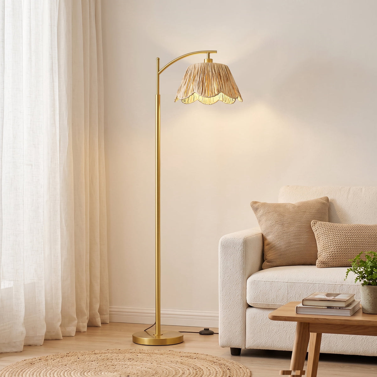 Vellune™ 62.5" Boho Arc Floor lamp with Brown Rattan Shade,Farmhouse Gold Standing