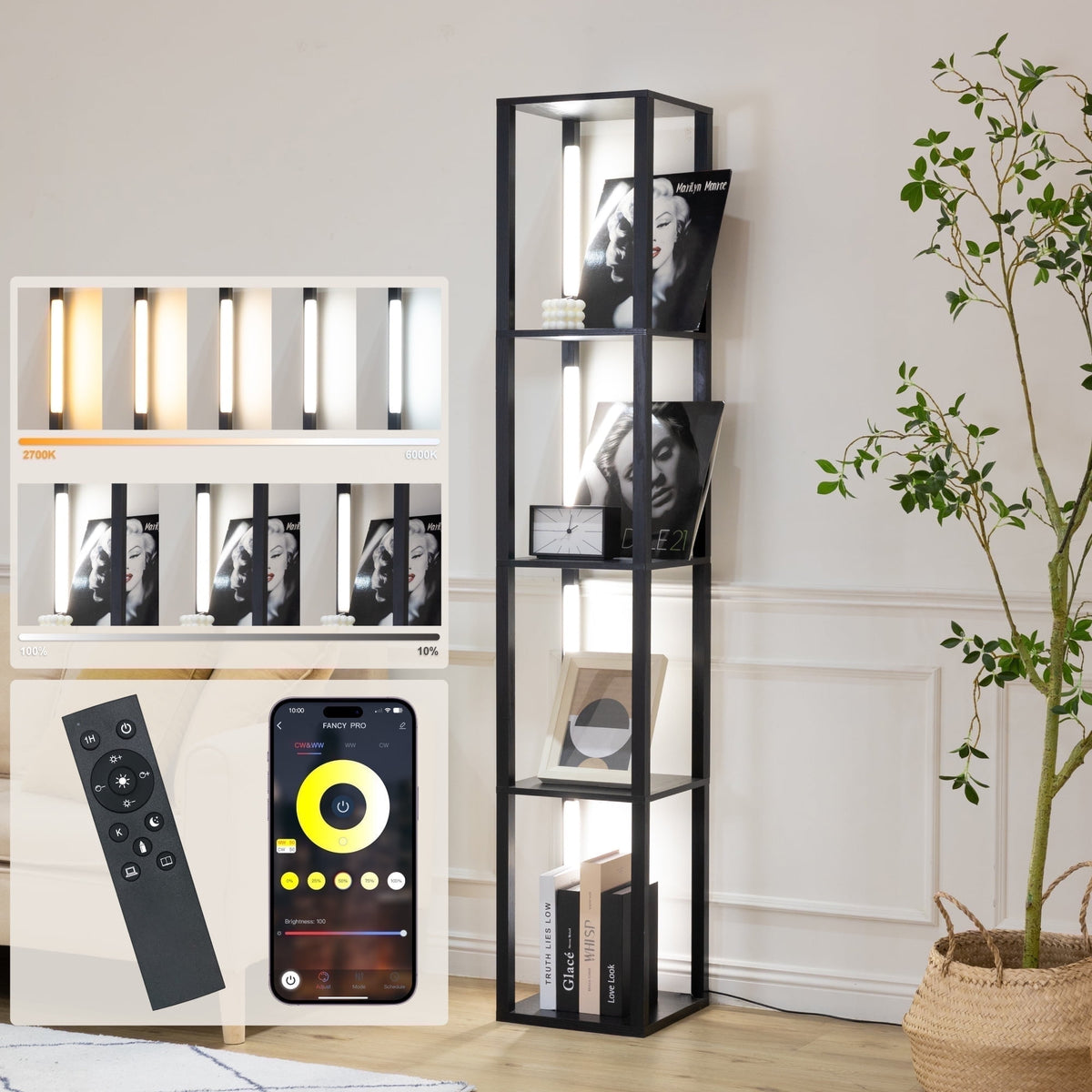 Vellune™ FENLO LED Floor Lamp with Shelves, Dimmable Color-Changing 4-Tier Display