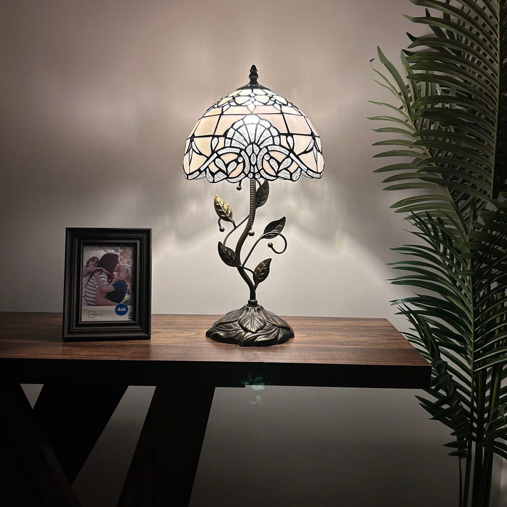 Tiffany Table Lamp White Stained Glass Baroque Style Lavender Included LED Bulb for Living Room Bedroom Bedside 10"W*10"D*20"H