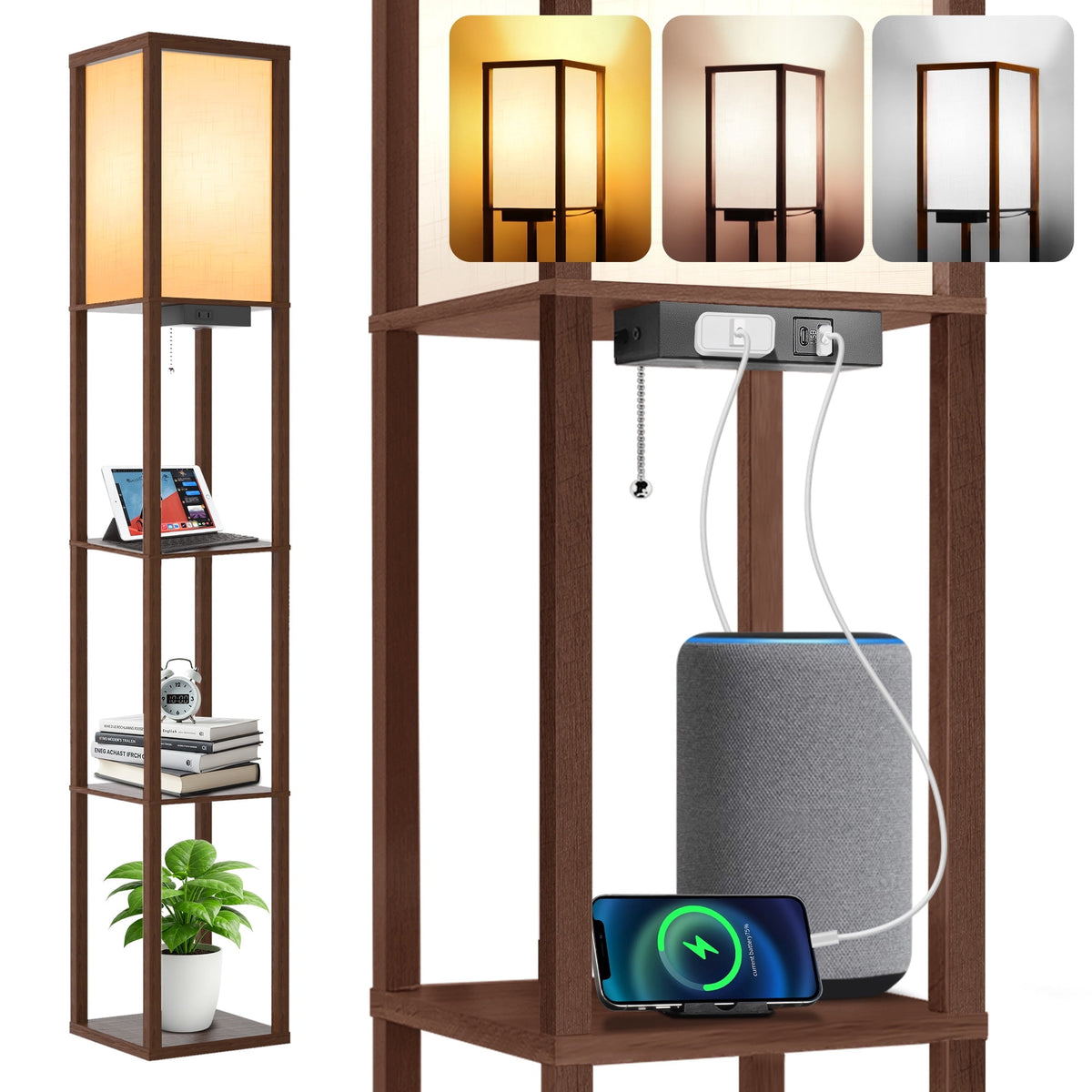 Vellune™ Floor Lamp with Shelves, Standing Lamp with USB & Type C & Power Outlet, 3