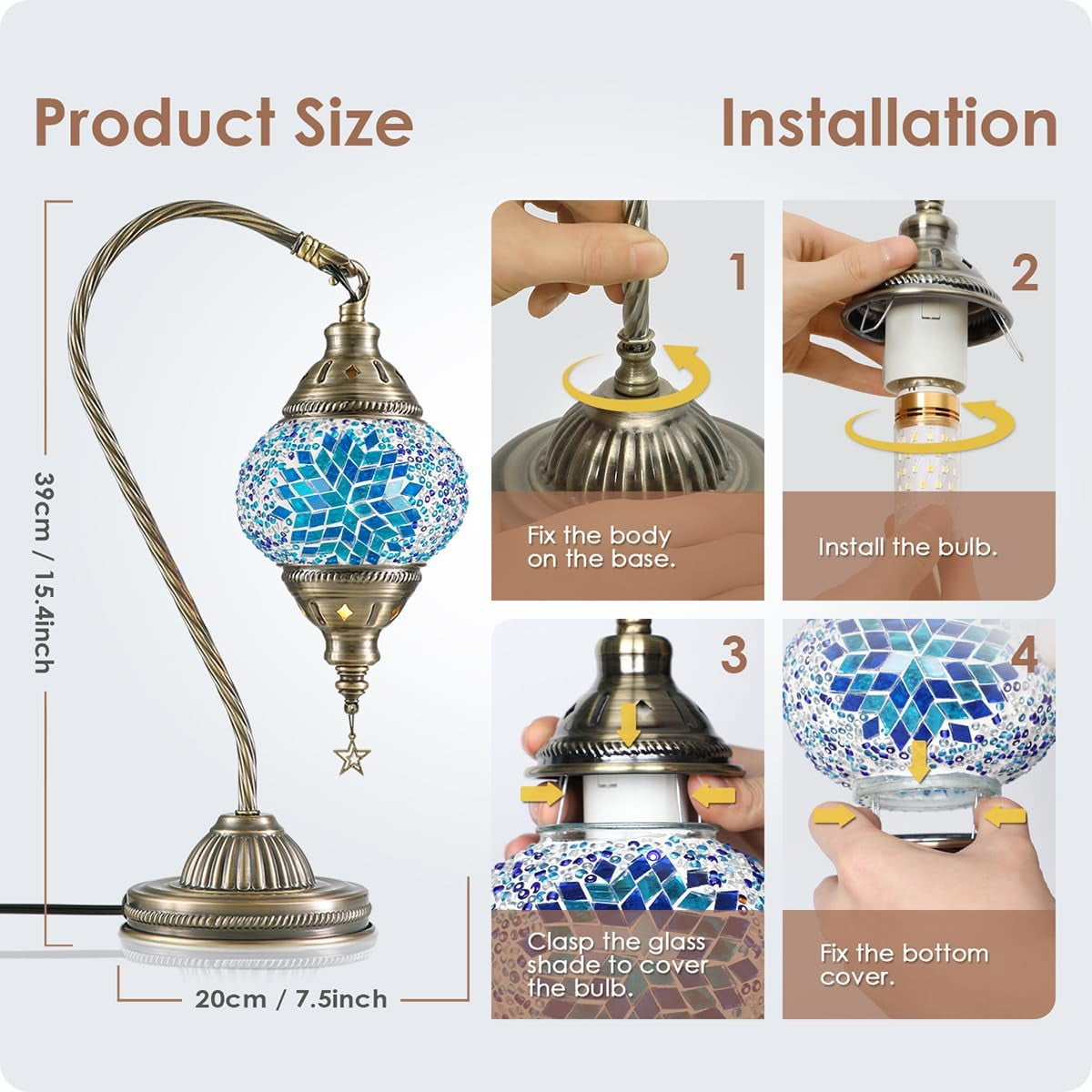 Yarra-Decor Turkish Moroccan Lamp with Bronze Base 3 Color Options Handmade Swan Neck Tiffany Mosaic Glass Bedside Lamps for Bedroom (LED Bulb Included)(4)