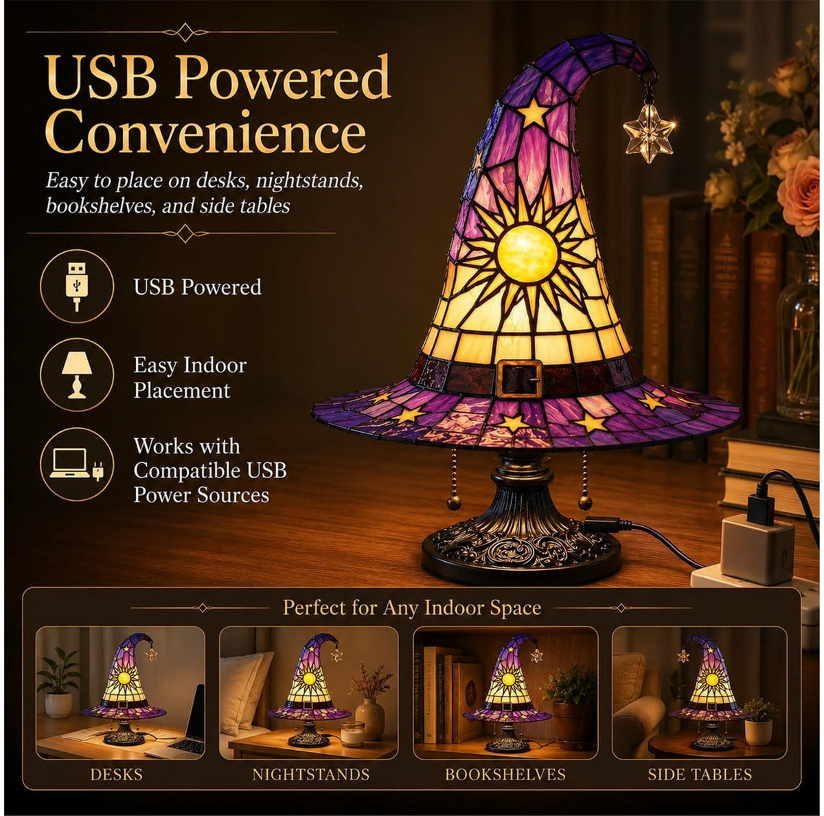 Stained Glass Witch Hat Lamp, Tiffany Style USB LED Night Light for Halloween Party & Witchy Home Decor,Amber,11.81 in