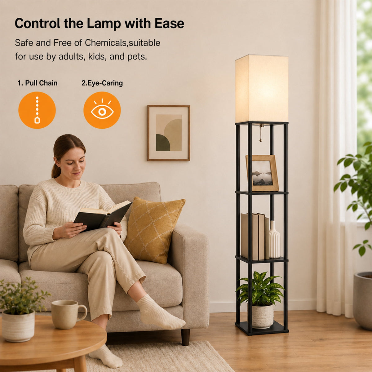 Cozylumi™ Floor Lamp With Shelves, 62? Black Shelf Floor Lamp with 9W LED Bulb, 3 Color