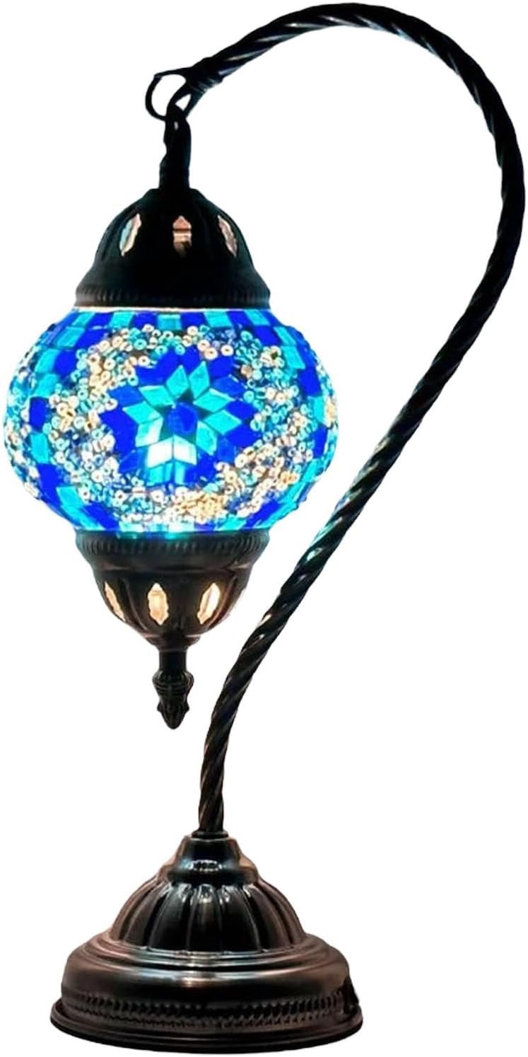 SILVERFEVER Turkish Moroccan Mosaic Table Lamp - Handmade Swan Neck Tiffany Glass Table Bedside Lamps w Bronze Base14.5 LED Bulb Included Deep Blue Flower