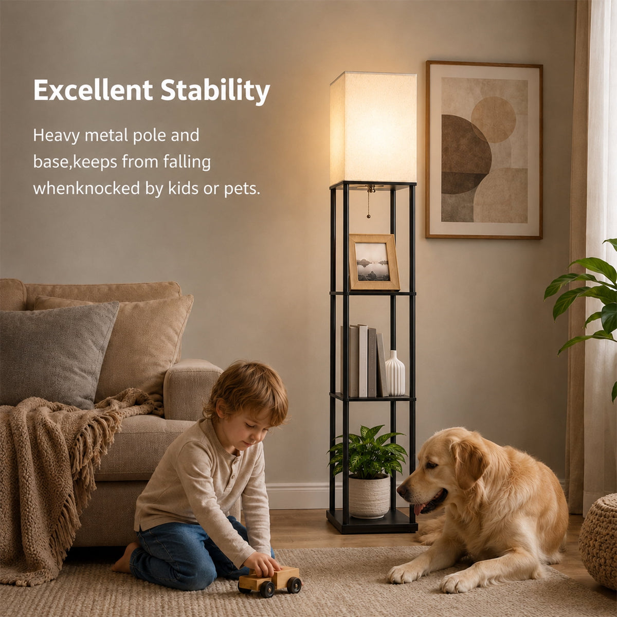 Cozylumi™ Floor Lamp With Shelves, 62? Black Shelf Floor Lamp with 9W LED Bulb, 3 Color