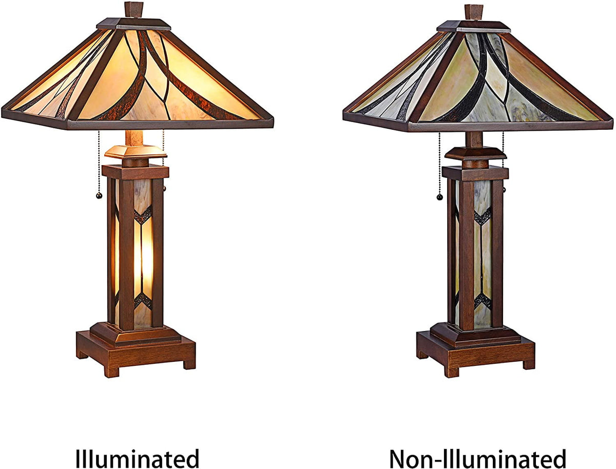 RADIANCE Goods Tiffany-Style Mission 3 Light Double Lit Wooden Table Lamp 15" Shade