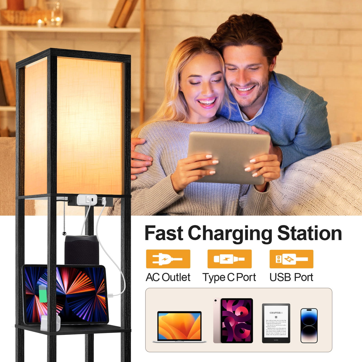 Cozylumi™ Floor Lamp with Shelves, Standing Lamp with USB & Type C & Power Outlet, 3