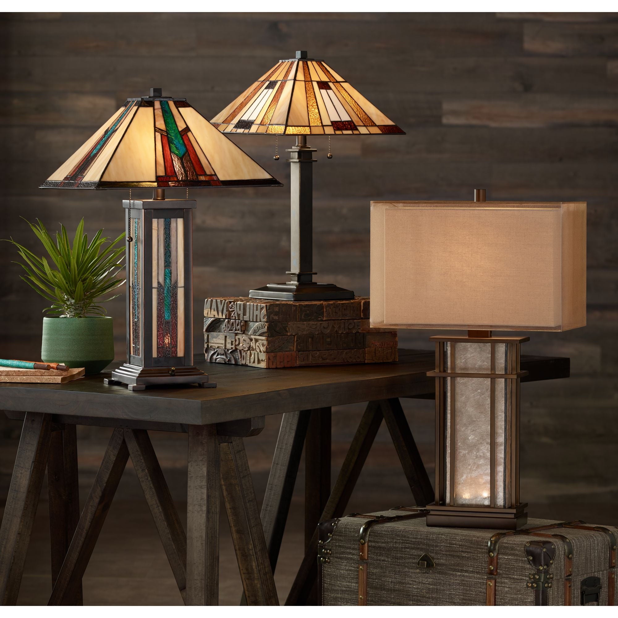 Robert Louis Tiffany Mission Table Lamp with Nightlight 25" High Bronze Stained Glass for Living Room Family Bedroom Bedside Nightstand