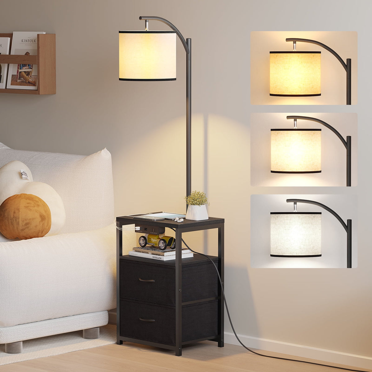 Cozylumi™ Floor Lamp with Table & 2 Drawers, Lamp with USB Port and Outlet, 3 Color Led