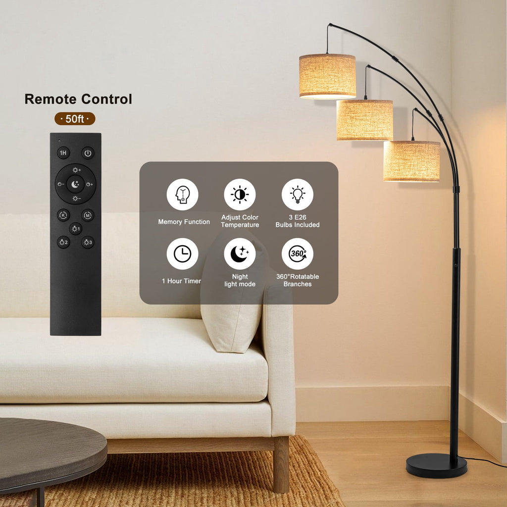 Cozylumi™ Netin 80? 3-Light Modern Dimmable Black Arc Floor Lamp with Beige Shades