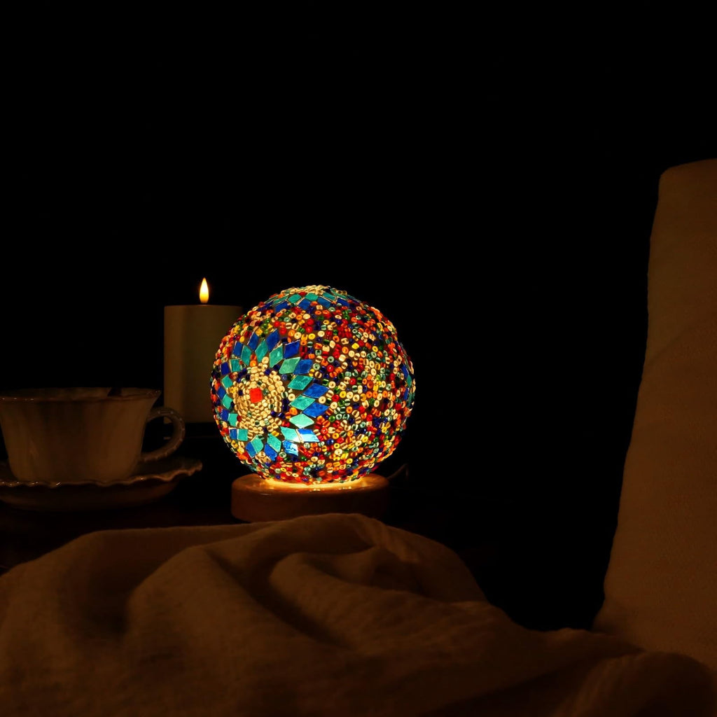 HomWamee Turkish Table Lamp, Mosaic Glass Lamps, Bohemian Tiffany, USB Powered Moroccan Lantern (Boho Blue)