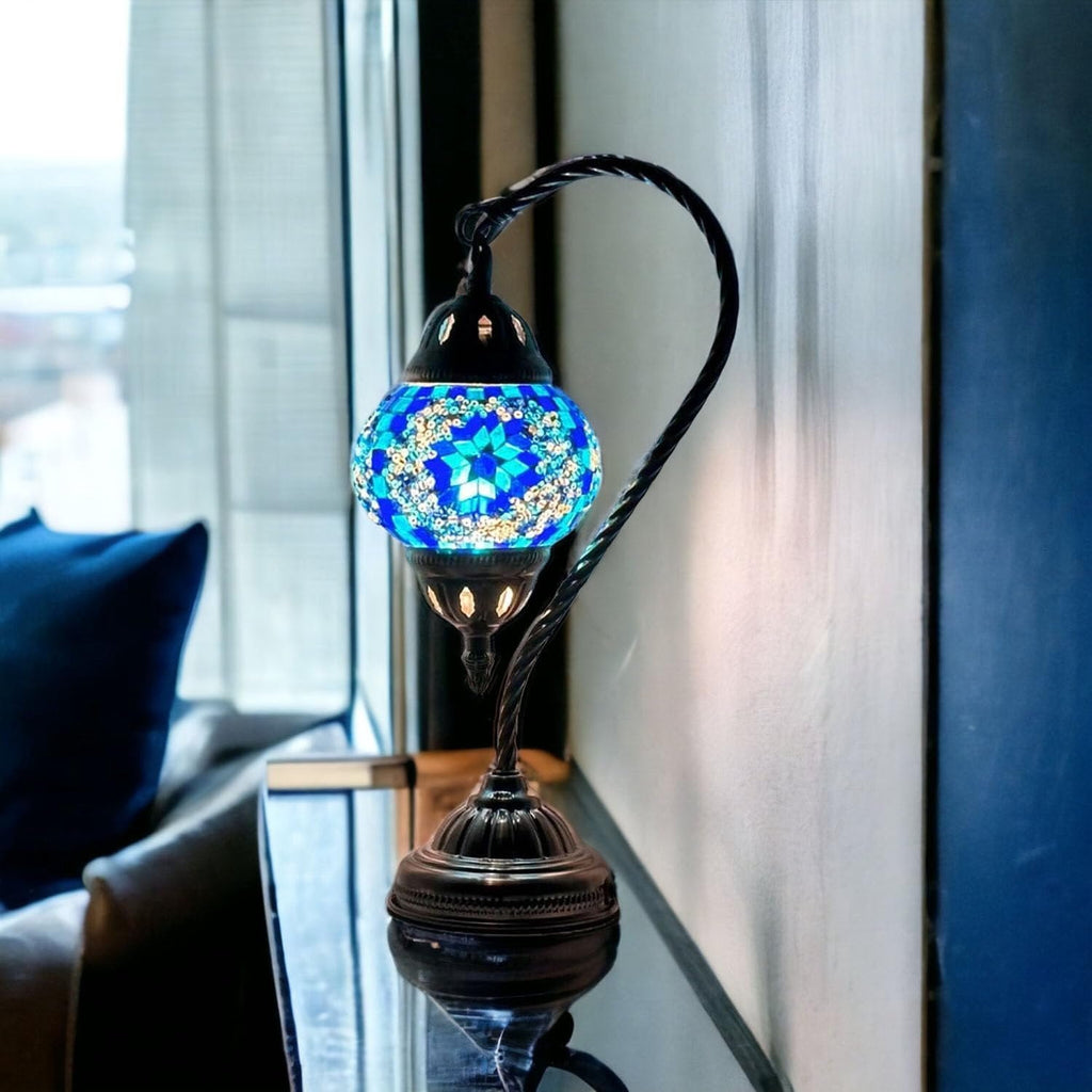 SILVERFEVER Turkish Moroccan Mosaic Table Lamp - Handmade Swan Neck Tiffany Glass Table Bedside Lamps w Bronze Base14.5 LED Bulb Included Deep Blue Flower