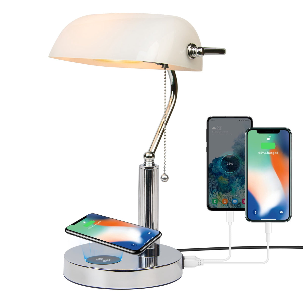 Vellune™ Novaretro Vintage Green Glass Bankers Floor Lamp with Adjustable Arm & Pull