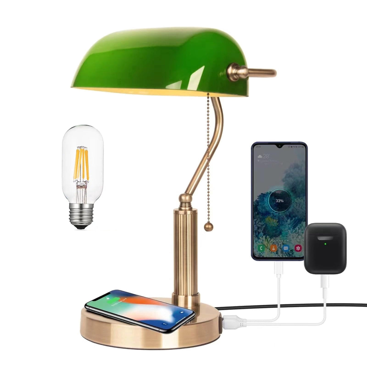Vellune™ Novaretro Vintage Green Glass Bankers Floor Lamp with Adjustable Arm & Pull