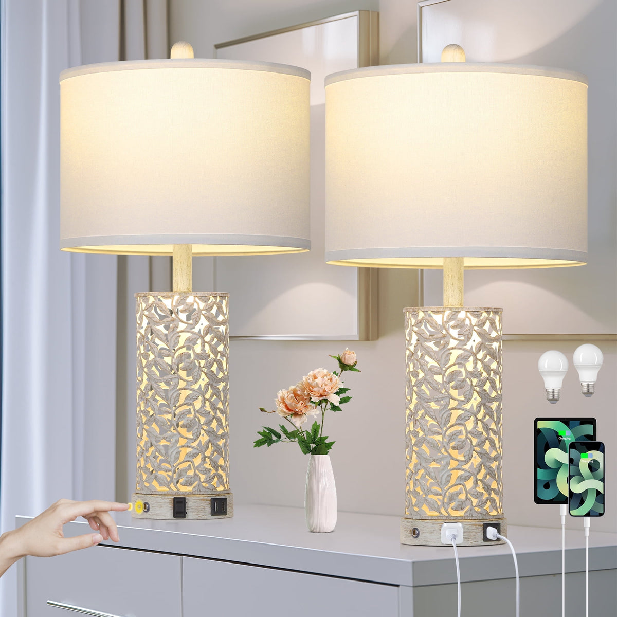Cinkeda 24.5" White Tiffany-Style Table Lamp Set of 2, 3-Level Dimming Night Light Bedside Lamps with Dual USB Ports for Living Room Bedroom