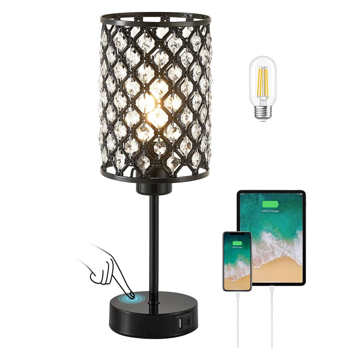 Cozylumi™ Crystal Table Lamp for Bedroom,Modern Dimmable Touch Lamp with Crystal