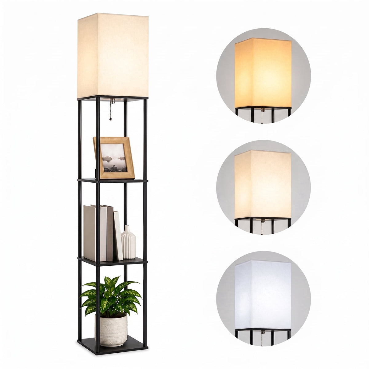 Cozylumi™ Floor Lamp With Shelves, 62? Black Shelf Floor Lamp with 9W LED Bulb, 3 Color