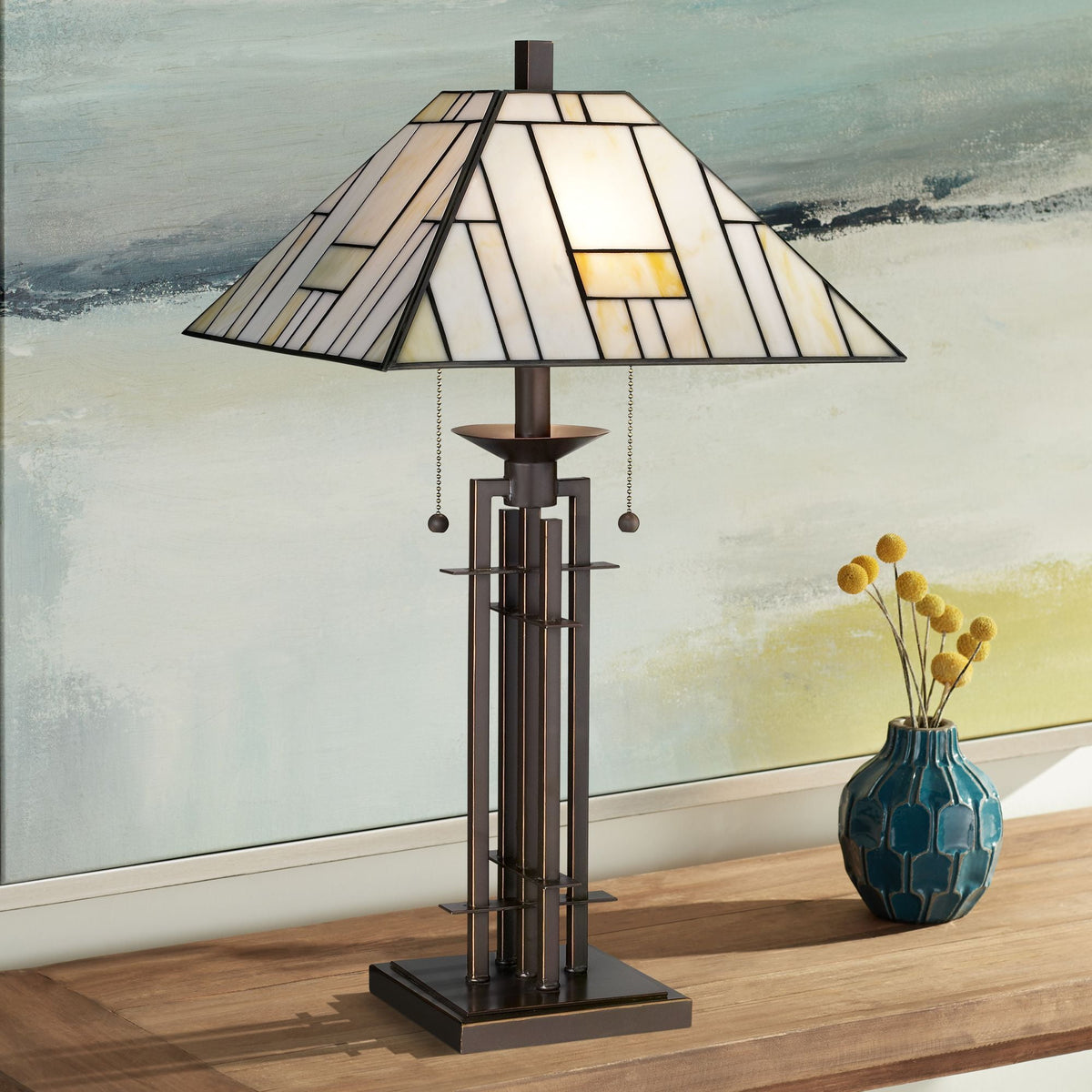 Robert Louis Tiffany Wrought Tiffany Style Table Lamp 26 1/4" High Bronze Art Deco Stained Glass for Bedroom Living Room Bedside Nightstand Office