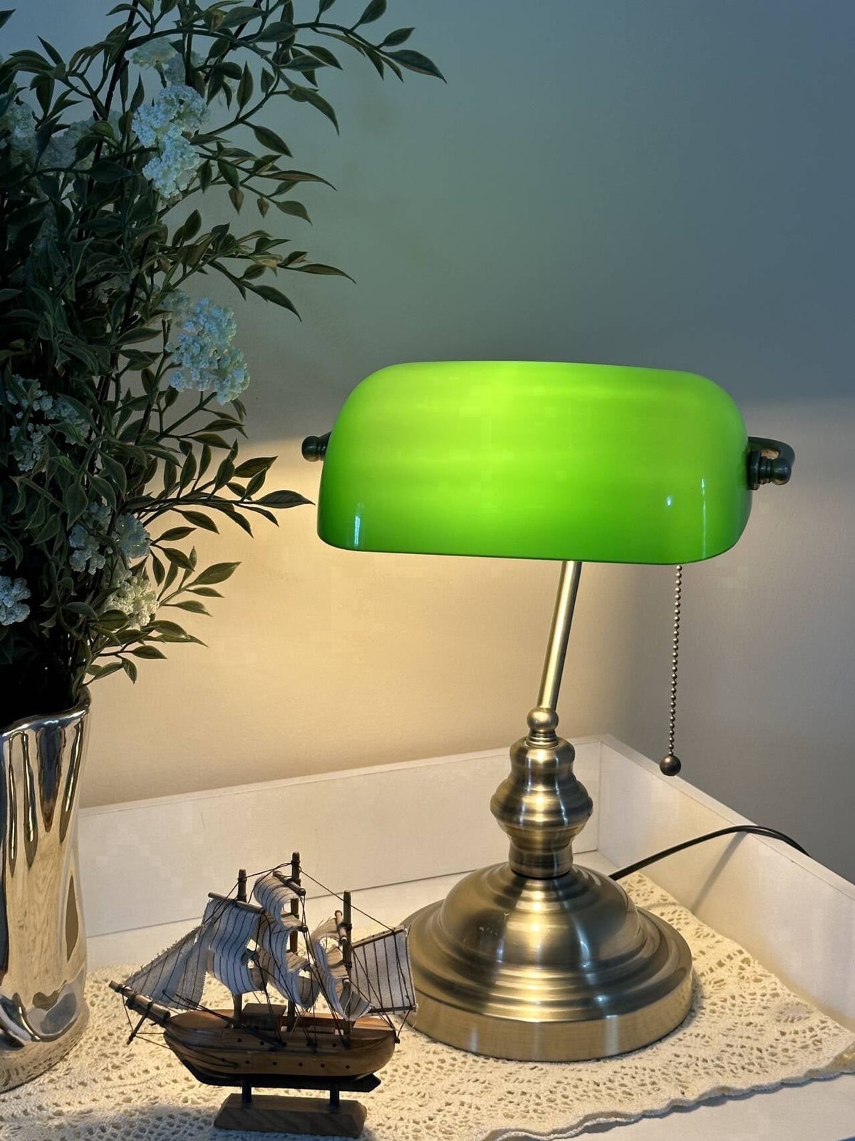 Vellune™ Novaretro Vintage Green Glass Bankers Floor Lamp with Adjustable Arm & Pull