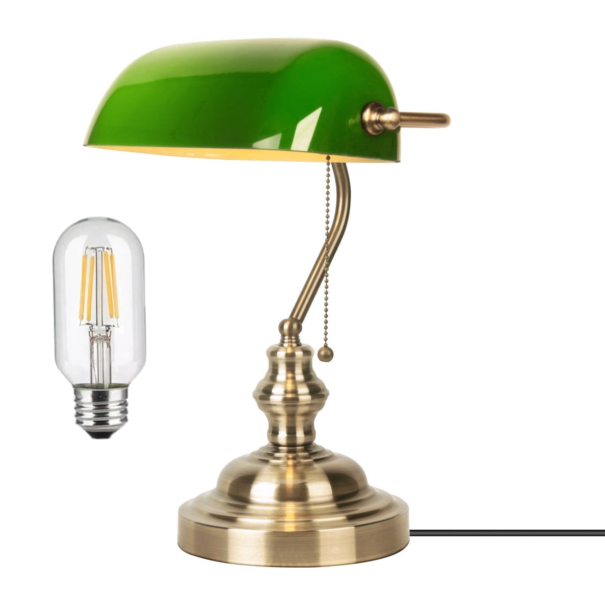 Vellune™ Novaretro Vintage Green Glass Bankers Floor Lamp with Adjustable Arm & Pull