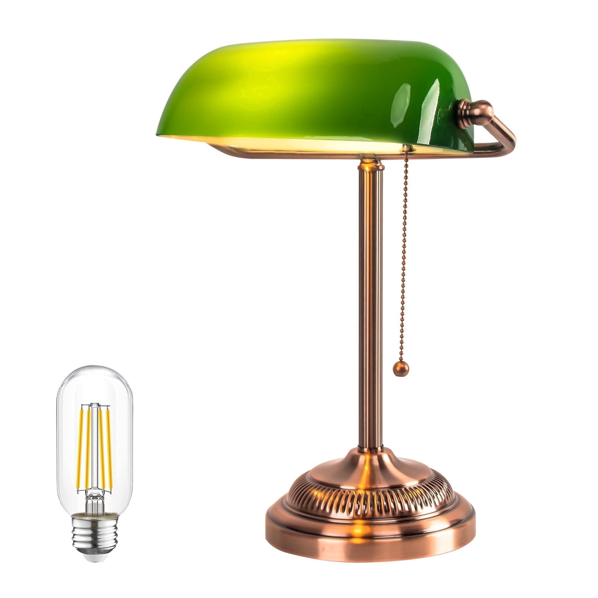 Vellune™ Novaretro Vintage Green Glass Bankers Floor Lamp with Adjustable Arm & Pull