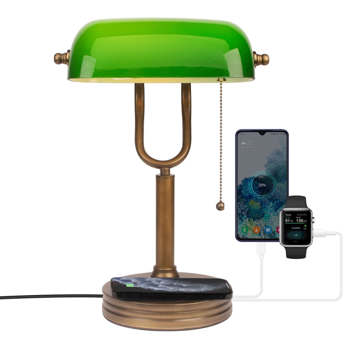 Vellune™ Novaretro Vintage Green Glass Bankers Floor Lamp with Adjustable Arm & Pull