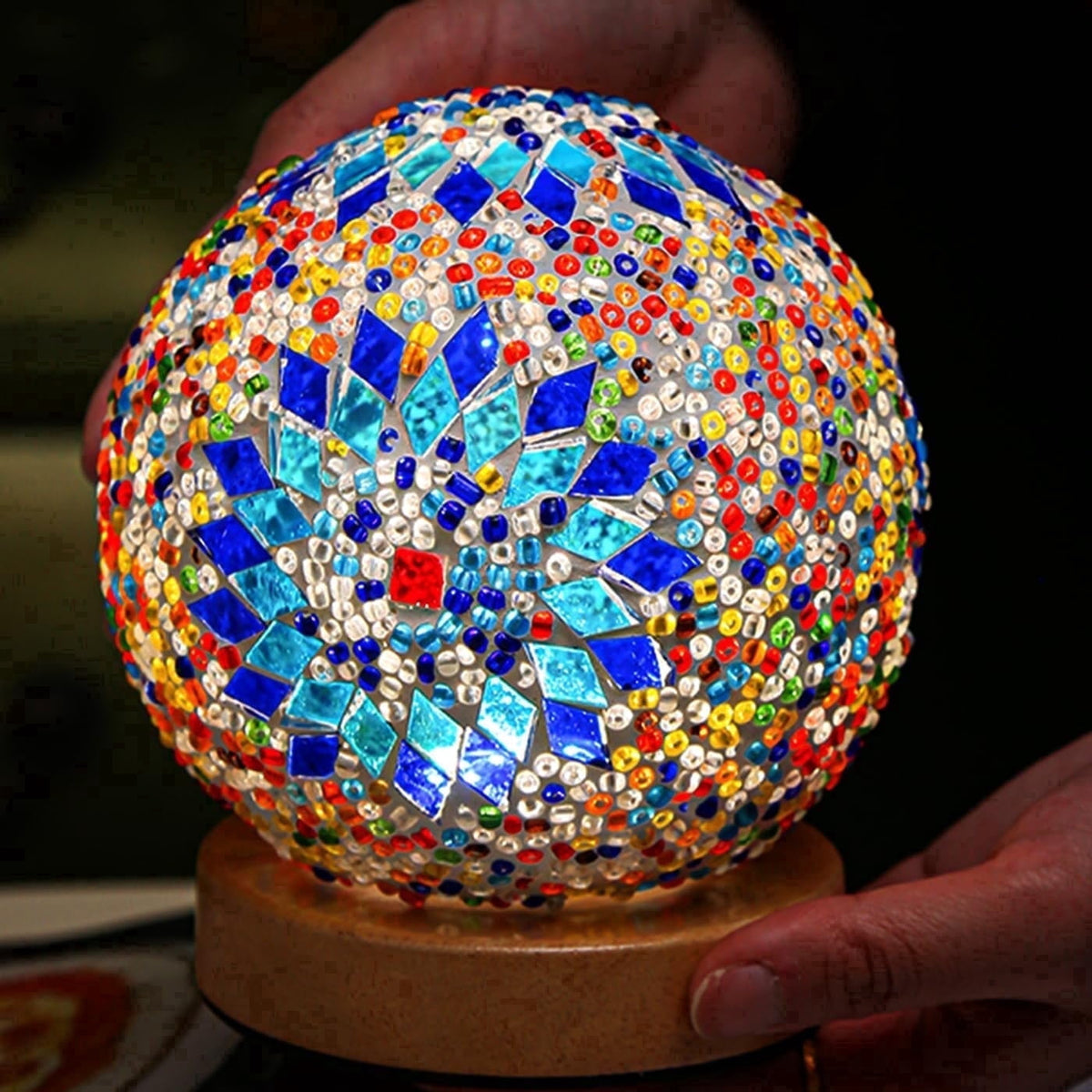 HomWamee Turkish Table Lamp, Mosaic Glass Lamps, Bohemian Tiffany, USB Powered Moroccan Lantern (Boho Blue)