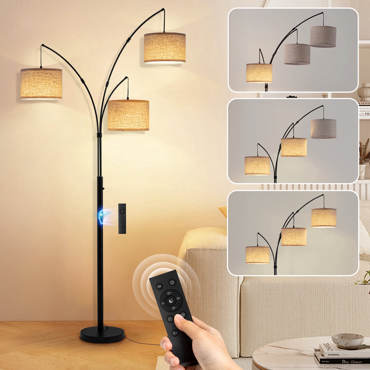Cozylumi™ Netin 80? 3-Light Modern Dimmable Black Arc Floor Lamp with Beige Shades
