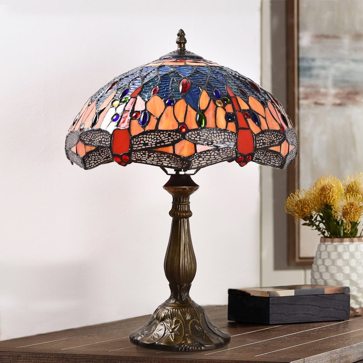 Vellune™ Orinova Tiffany Style Table Lamp Bedside LED Lamp Shades Bedroom Stained-Glass 18.1'' H Multi-Color