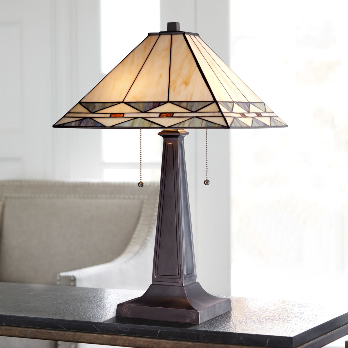 Robert Louis Tiffany Art Deco Accent Table Lamp 21.5" High Mission Bronze Stained Glass Shade for Living Room Family Bedroom Bedside Office