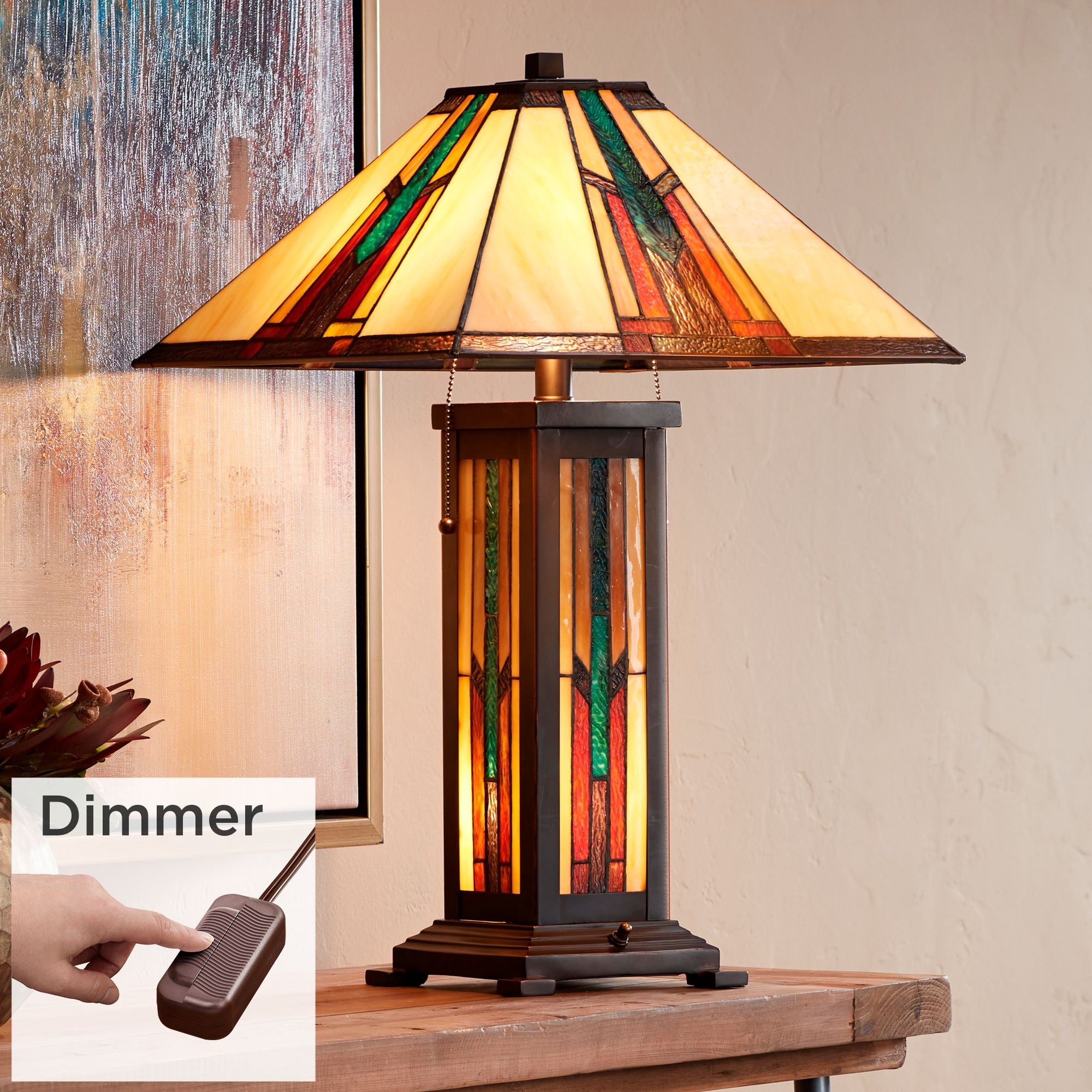 Robert Louis Tiffany Mission Style Table Lamp with Table Top Dimmer and Night Light 25" High Bronze Stained Glass for Living Room Bedroom
