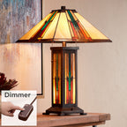 Robert Louis Tiffany Mission Style Table Lamp with Table Top Dimmer and Night Light 25" High Bronze Stained Glass for Living Room Bedroom