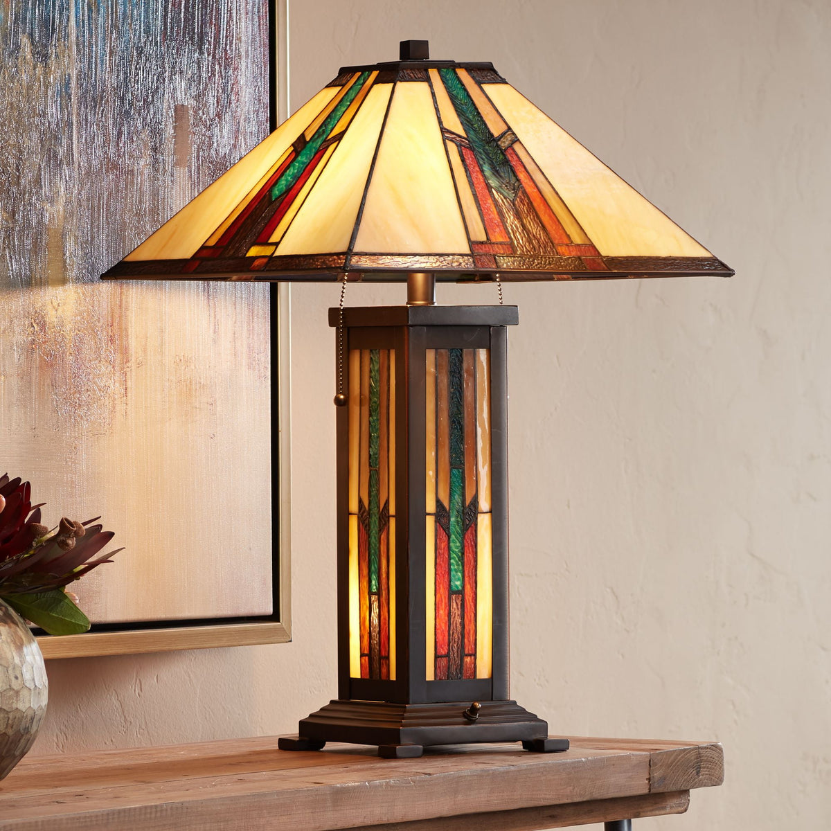 Robert Louis Tiffany Mission Table Lamp with Nightlight 25" High Bronze Stained Glass for Living Room Family Bedroom Bedside Nightstand