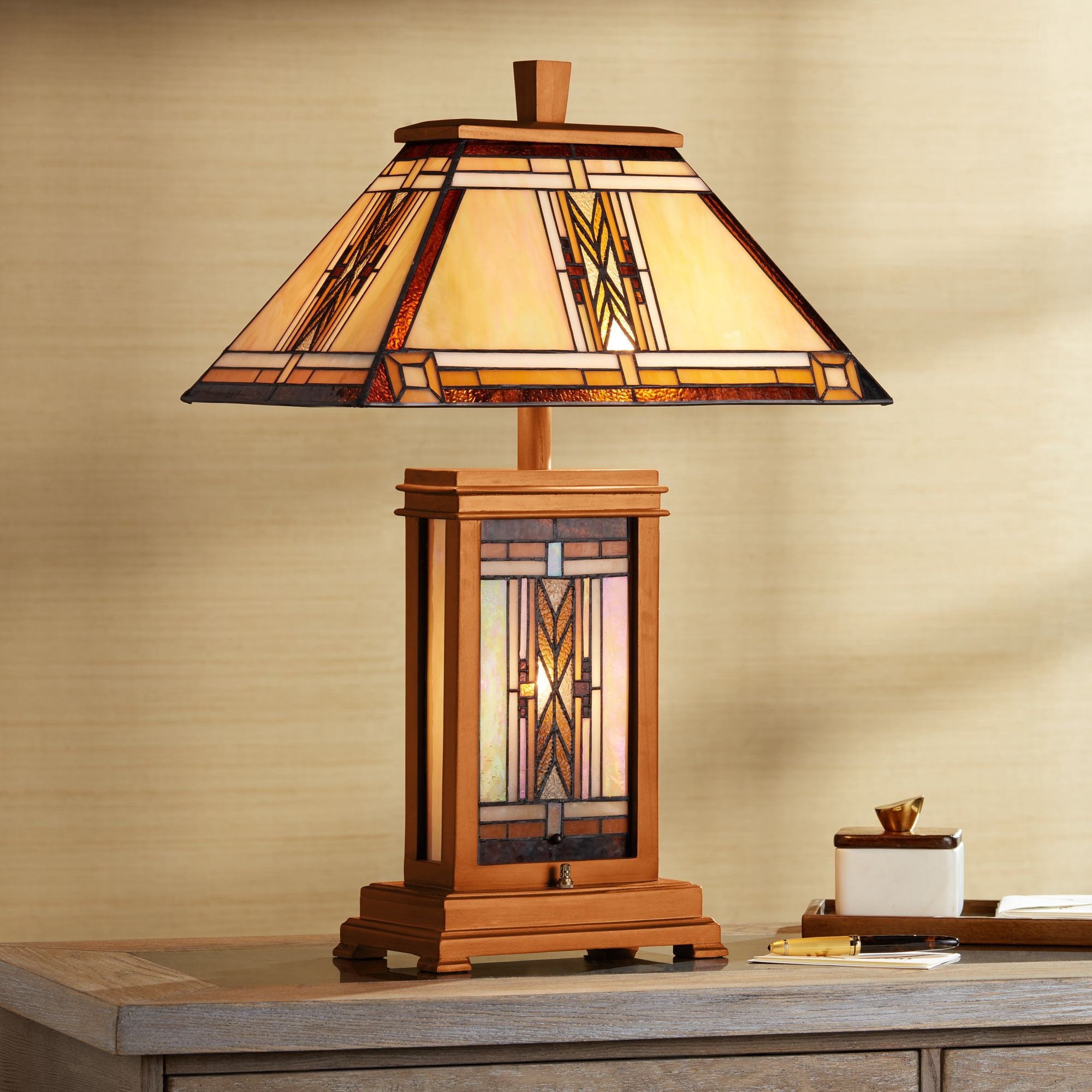 Robert Louis Tiffany Walnut Mission Rustic Table Lamp 27" Tall Wood with Nightlight Stained Art Glass Shade for Bedroom Living Room Bedside Nightstand