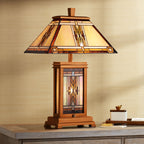Robert Louis Tiffany Walnut Mission Rustic Table Lamp 27" Tall Wood with Nightlight Stained Art Glass Shade for Bedroom Living Room Bedside Nightstand