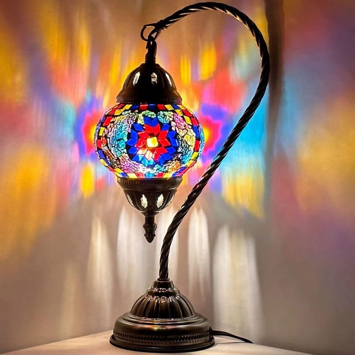 Vellune™ SILVERFEVER Turkish Moroccan Mosaic Table Lamp - Handmade Swan Neck Tiffany Glass Table Bedside Lamps w Bronze Base14.5 LED Bulb Included Deep Blue Flower