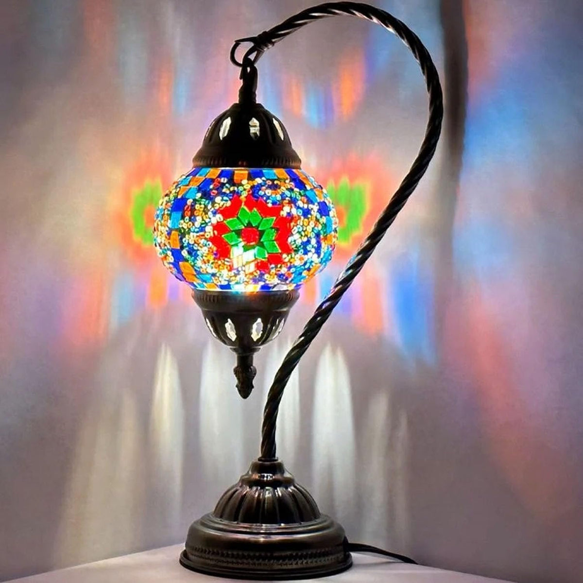 Vellune™ SILVERFEVER Turkish Moroccan Mosaic Table Lamp - Handmade Swan Neck Tiffany Glass Table Bedside Lamps w Bronze Base14.5 LED Bulb Included Deep Blue Flower
