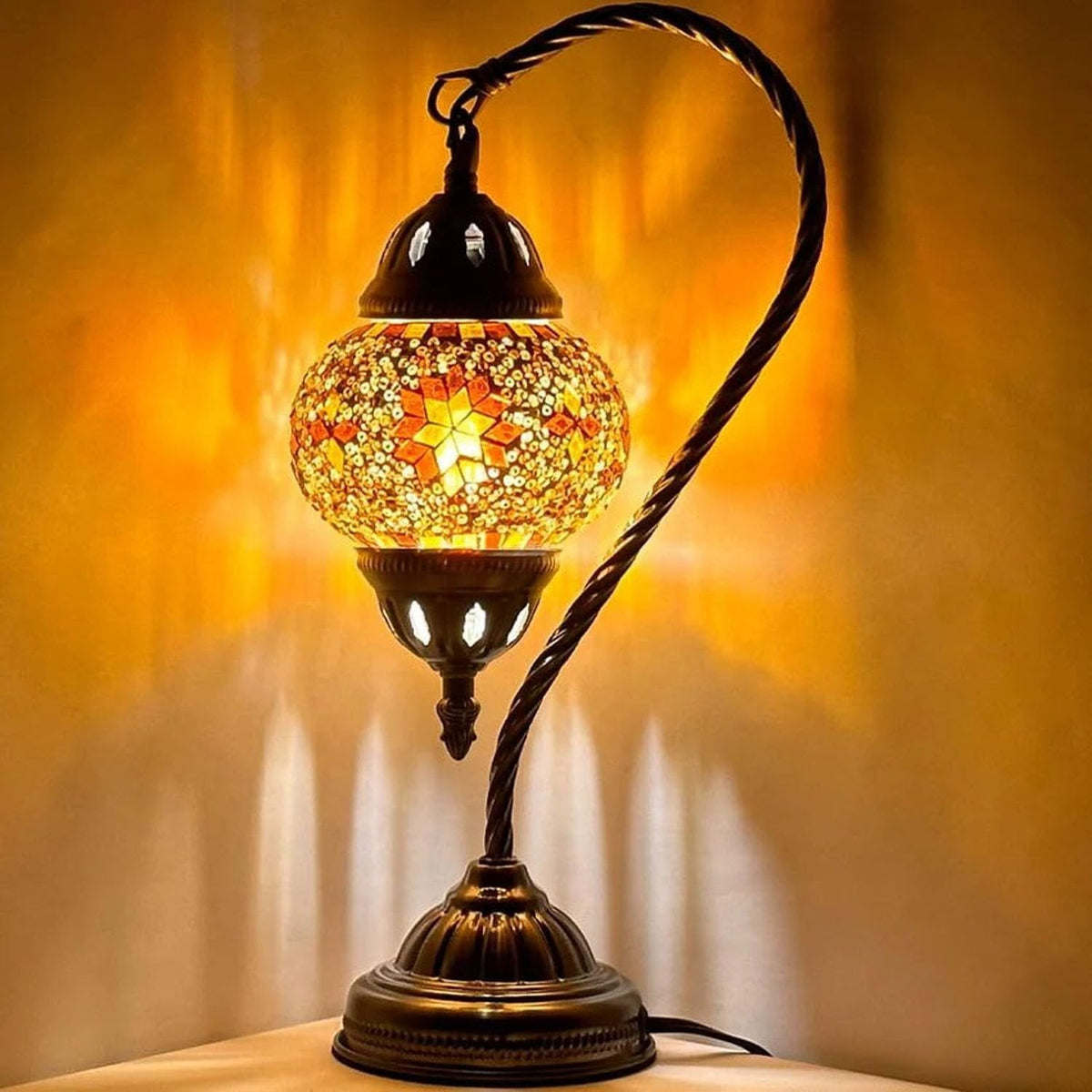 Vellune™ SILVERFEVER Turkish Moroccan Mosaic Table Lamp - Handmade Swan Neck Tiffany Glass Table Bedside Lamps w Bronze Base14.5 LED Bulb Included Deep Blue Flower