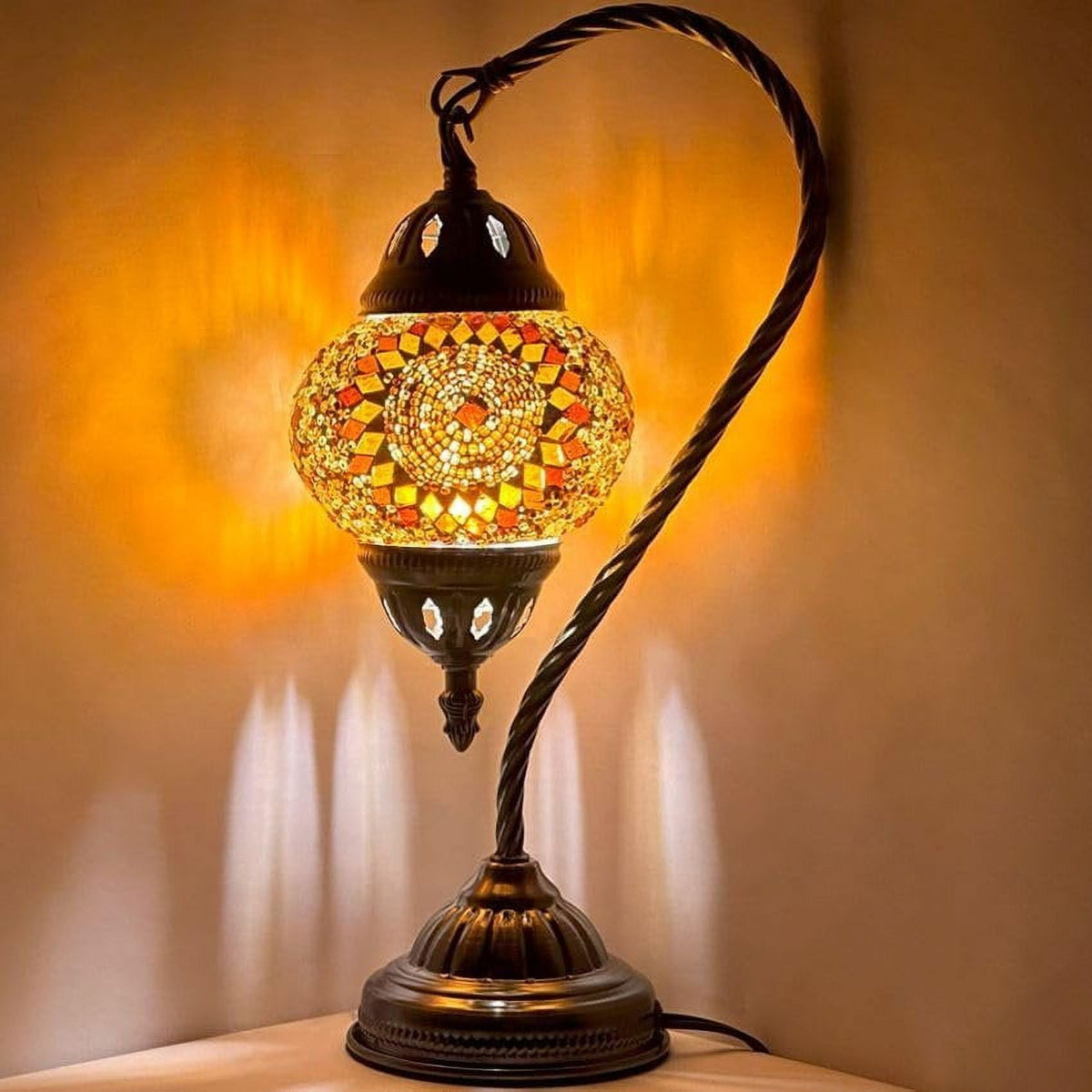 Vellune™ SILVERFEVER Turkish Moroccan Mosaic Table Lamp - Handmade Swan Neck Tiffany Glass Table Bedside Lamps w Bronze Base14.5 LED Bulb Included Deep Blue Flower