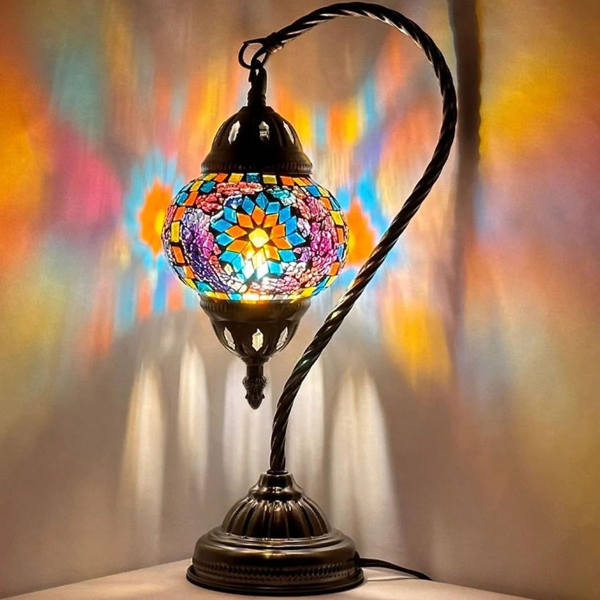 Vellune™ SILVERFEVER Turkish Moroccan Mosaic Table Lamp - Handmade Swan Neck Tiffany Glass Table Bedside Lamps w Bronze Base14.5 LED Bulb Included Deep Blue Flower