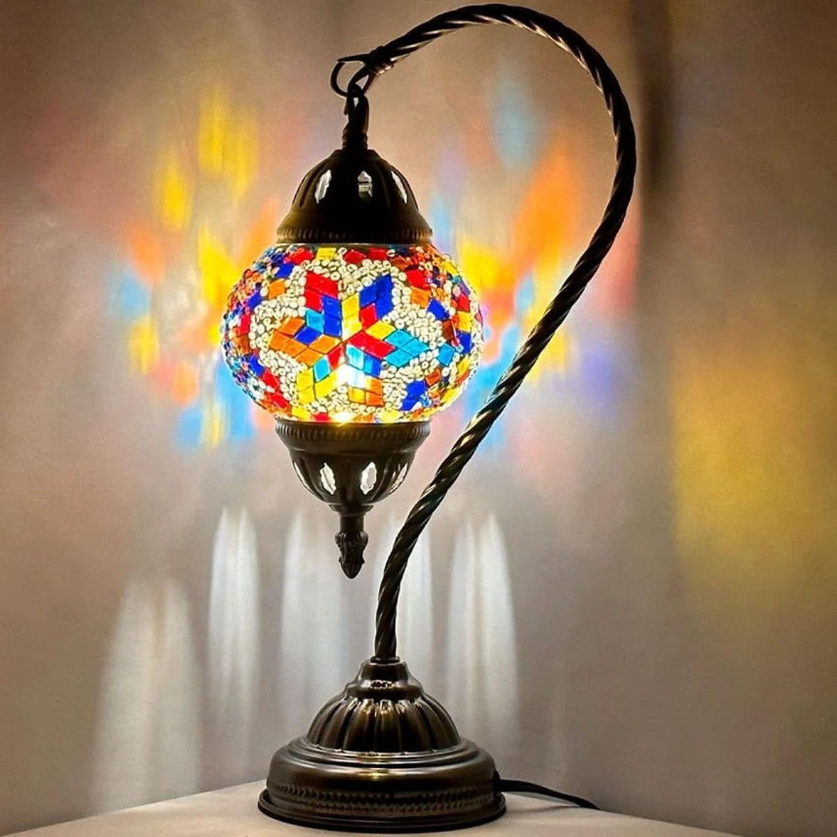 Vellune™ SILVERFEVER Turkish Moroccan Mosaic Table Lamp - Handmade Swan Neck Tiffany Glass Table Bedside Lamps w Bronze Base14.5 LED Bulb Included Deep Blue Flower