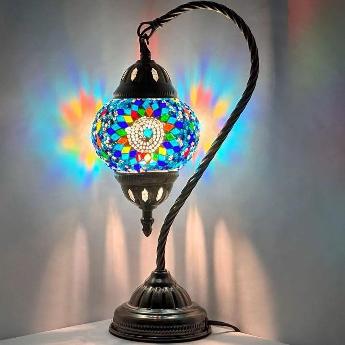 Vellune™ SILVERFEVER Turkish Moroccan Mosaic Table Lamp - Handmade Swan Neck Tiffany Glass Table Bedside Lamps w Bronze Base14.5 LED Bulb Included Deep Blue Flower