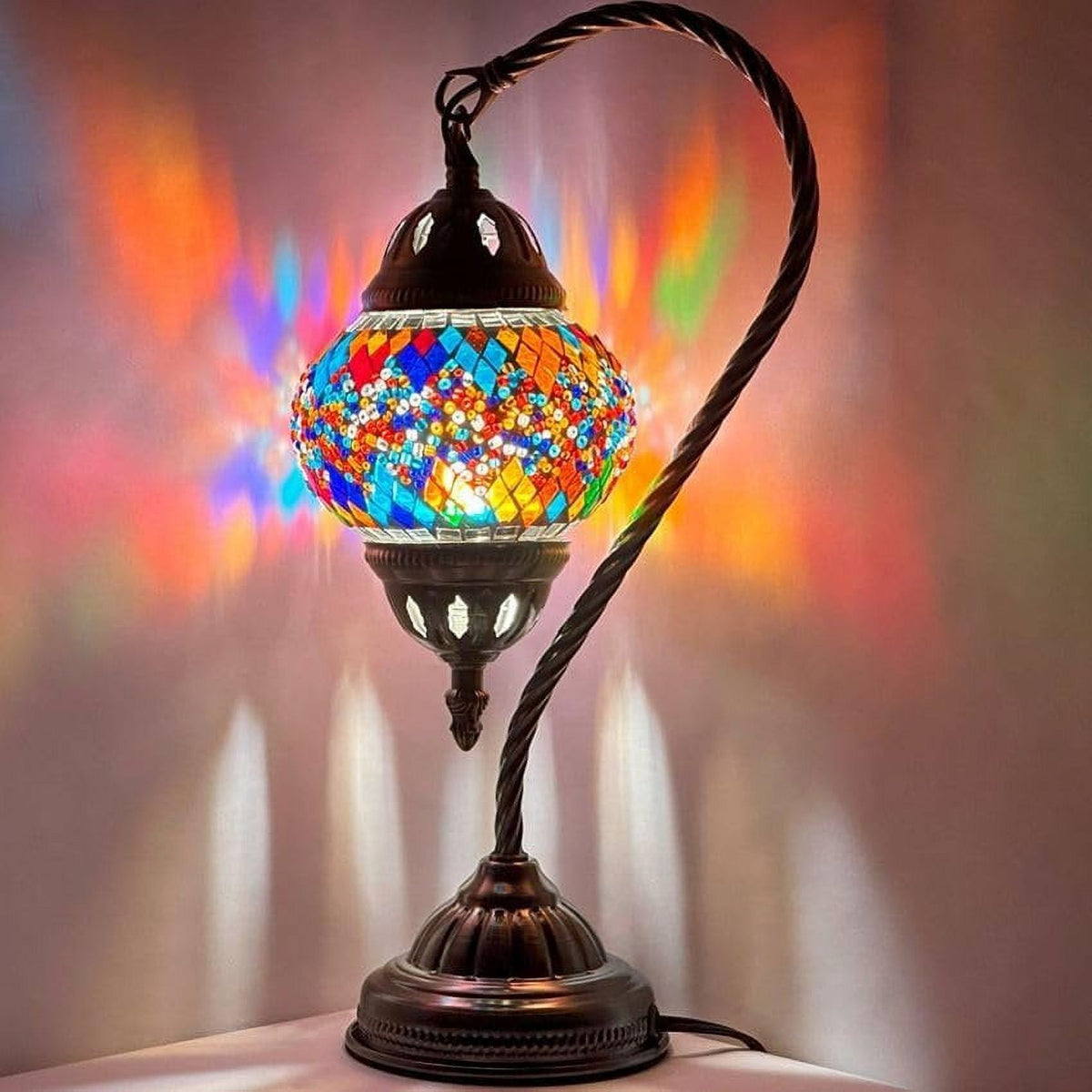 Vellune™ SILVERFEVER Turkish Moroccan Mosaic Table Lamp - Handmade Swan Neck Tiffany Glass Table Bedside Lamps w Bronze Base14.5 LED Bulb Included Deep Blue Flower