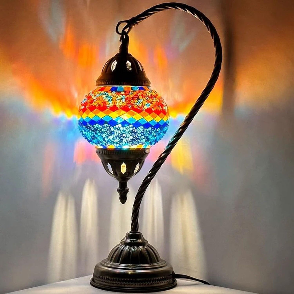 Vellune™ SILVERFEVER Turkish Moroccan Mosaic Table Lamp - Handmade Swan Neck Tiffany Glass Table Bedside Lamps w Bronze Base14.5 LED Bulb Included Deep Blue Flower