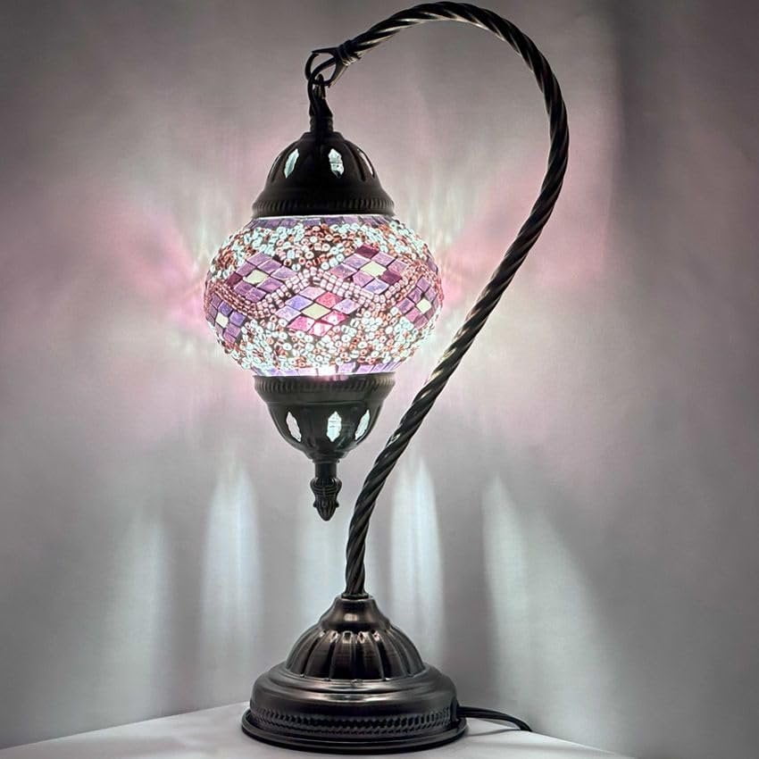 Vellune™ SILVERFEVER Turkish Moroccan Mosaic Table Lamp - Handmade Swan Neck Tiffany Glass Table Bedside Lamps w Bronze Base14.5 LED Bulb Included Deep Blue Flower