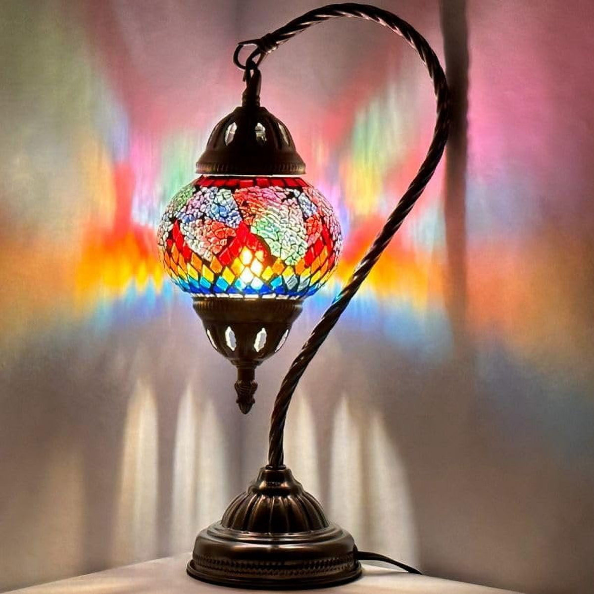 Vellune™ SILVERFEVER Turkish Moroccan Mosaic Table Lamp - Handmade Swan Neck Tiffany Glass Table Bedside Lamps w Bronze Base14.5 LED Bulb Included Deep Blue Flower
