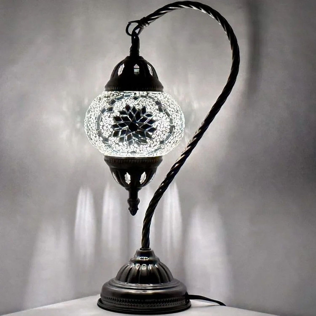 Vellune™ SILVERFEVER Turkish Moroccan Mosaic Table Lamp - Handmade Swan Neck Tiffany Glass Table Bedside Lamps w Bronze Base14.5 LED Bulb Included Deep Blue Flower