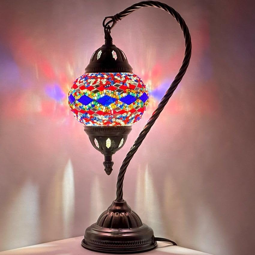 Vellune™ SILVERFEVER Turkish Moroccan Mosaic Table Lamp - Handmade Swan Neck Tiffany Glass Table Bedside Lamps w Bronze Base14.5 LED Bulb Included Deep Blue Flower