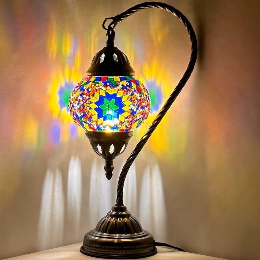 Vellune™ SILVERFEVER Turkish Moroccan Mosaic Table Lamp - Handmade Swan Neck Tiffany Glass Table Bedside Lamps w Bronze Base14.5 LED Bulb Included Deep Blue Flower